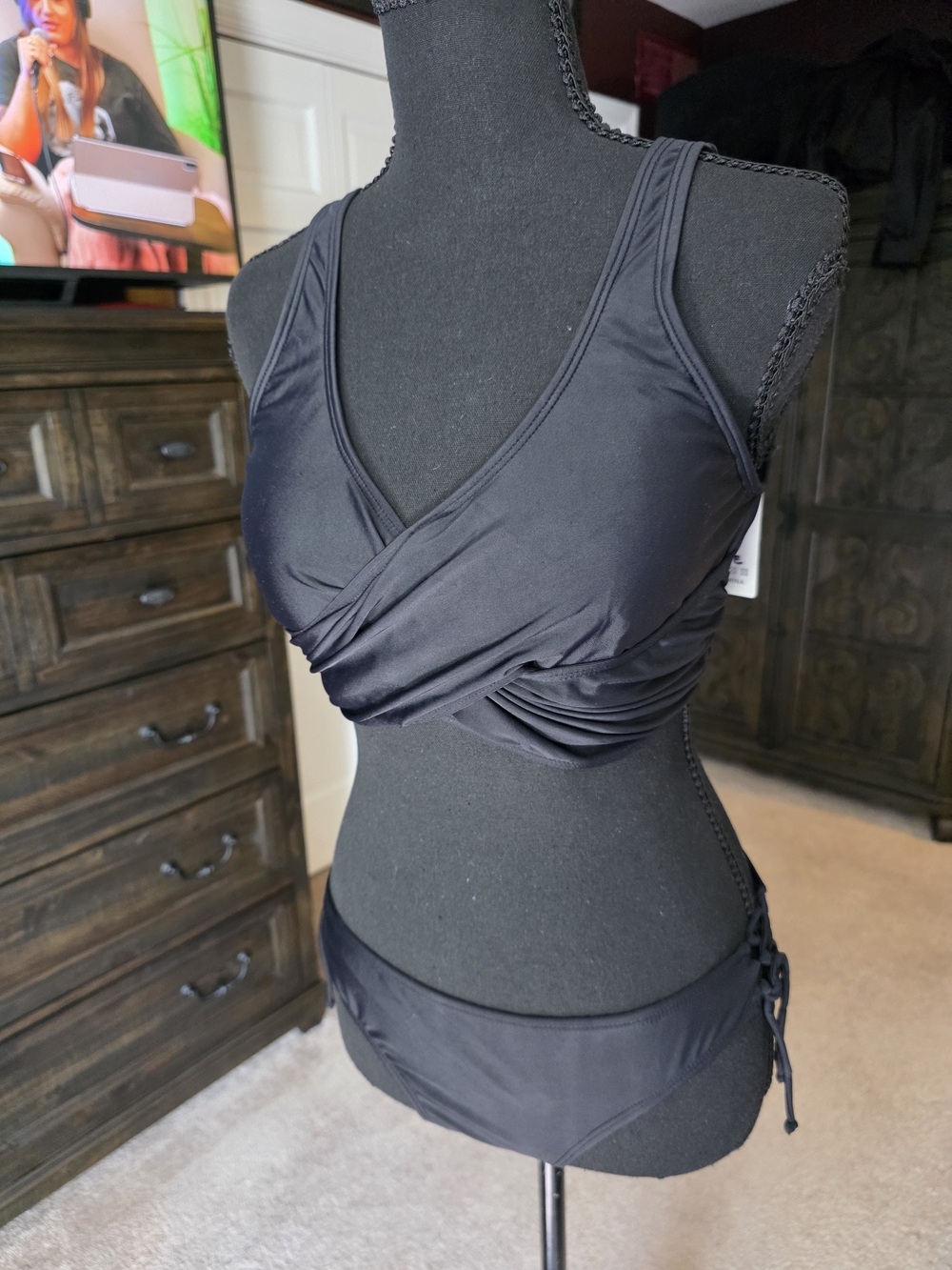 Liora Black Ruched Wrap Bikini Set Size Small NWT Adjustable Lace-Up Minimalist